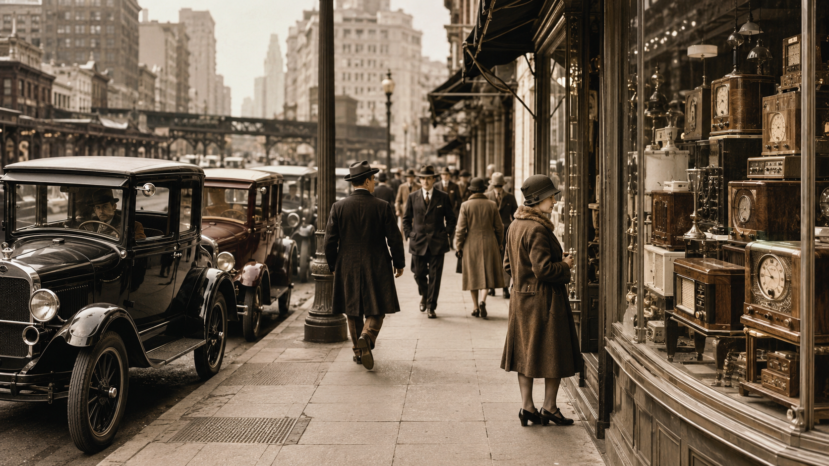 A 1920s urban shopping district with automobiles, pedestrians and radios displayed for sale.