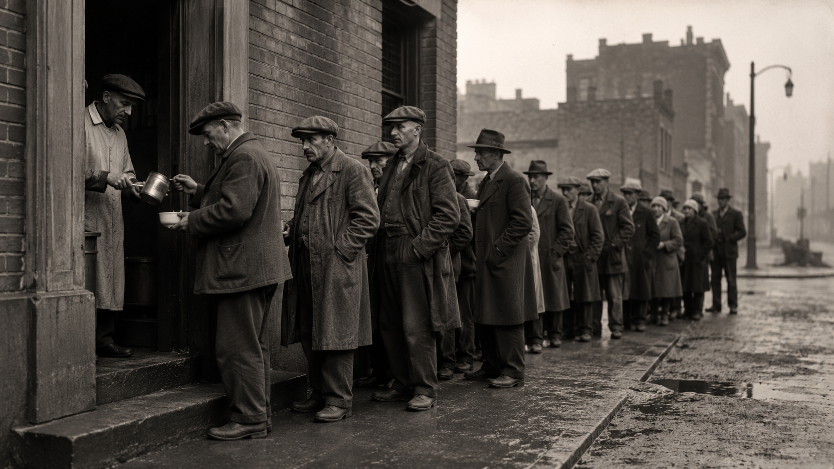 Unemployed Americans standing in a relief line during the Great Depression.