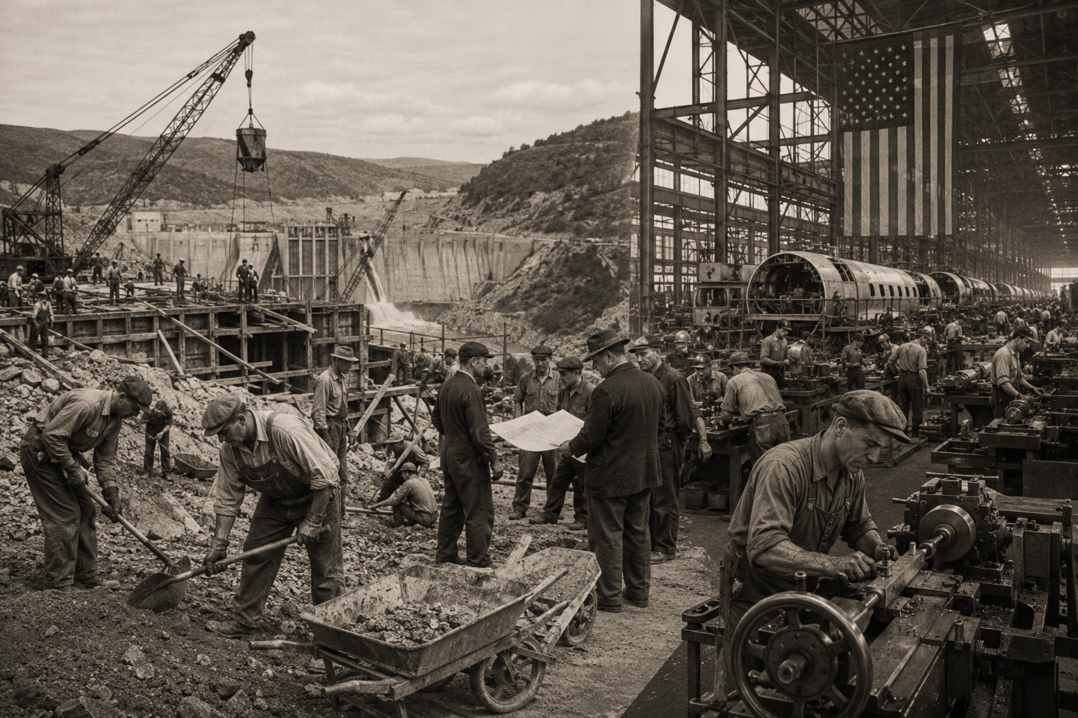 American workers building public infrastructure and working in wartime factories.
