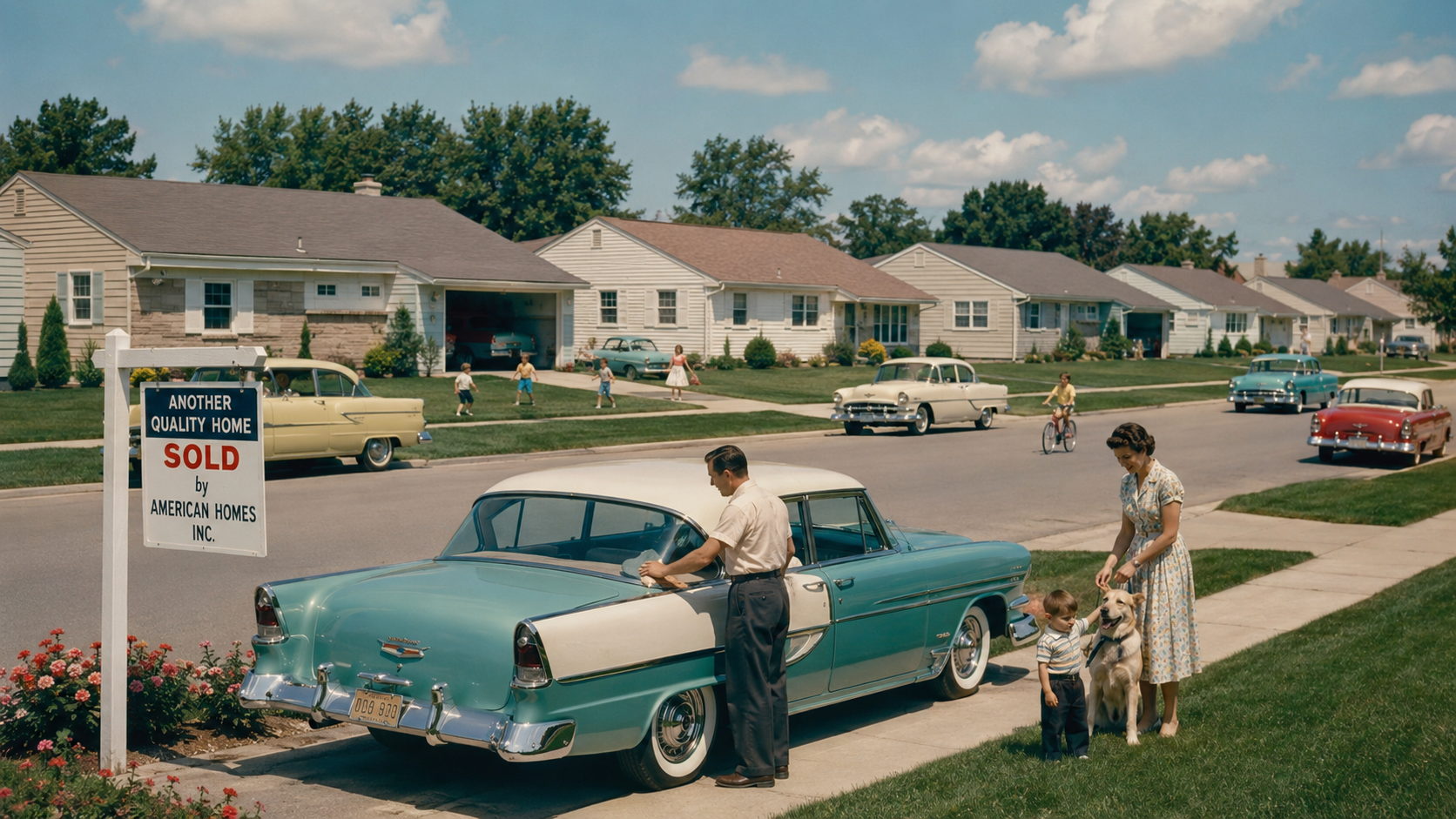 A postwar suburban neighborhood with families, new homes and automobiles.