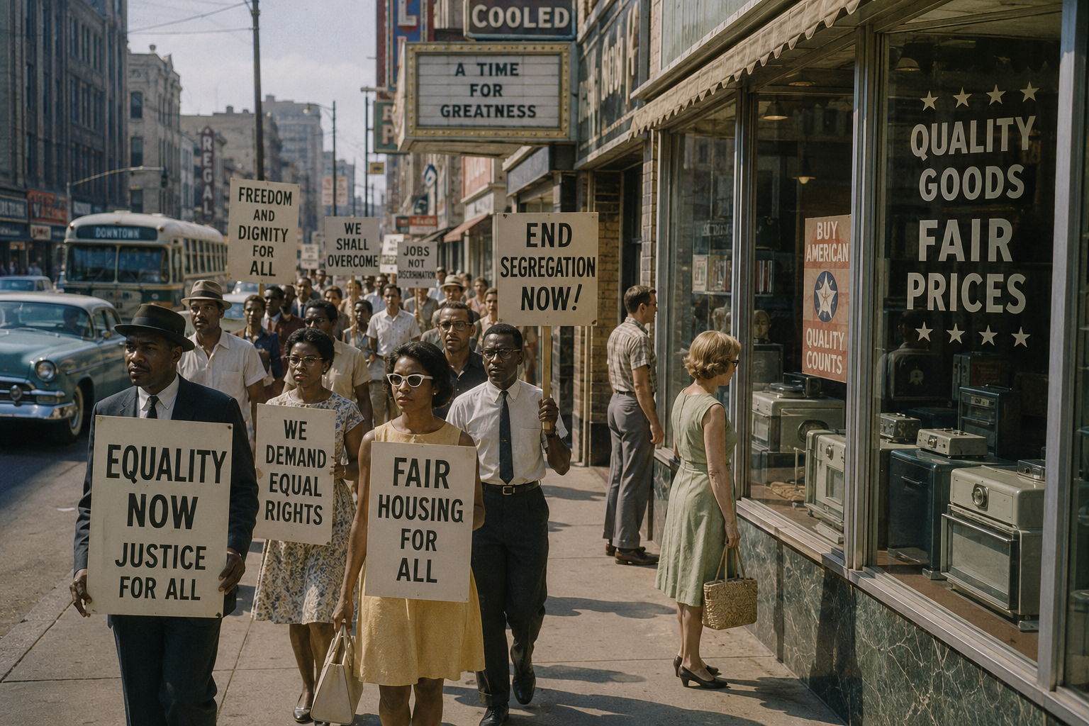 A civil-rights march through an American commercial district during the 1960s.