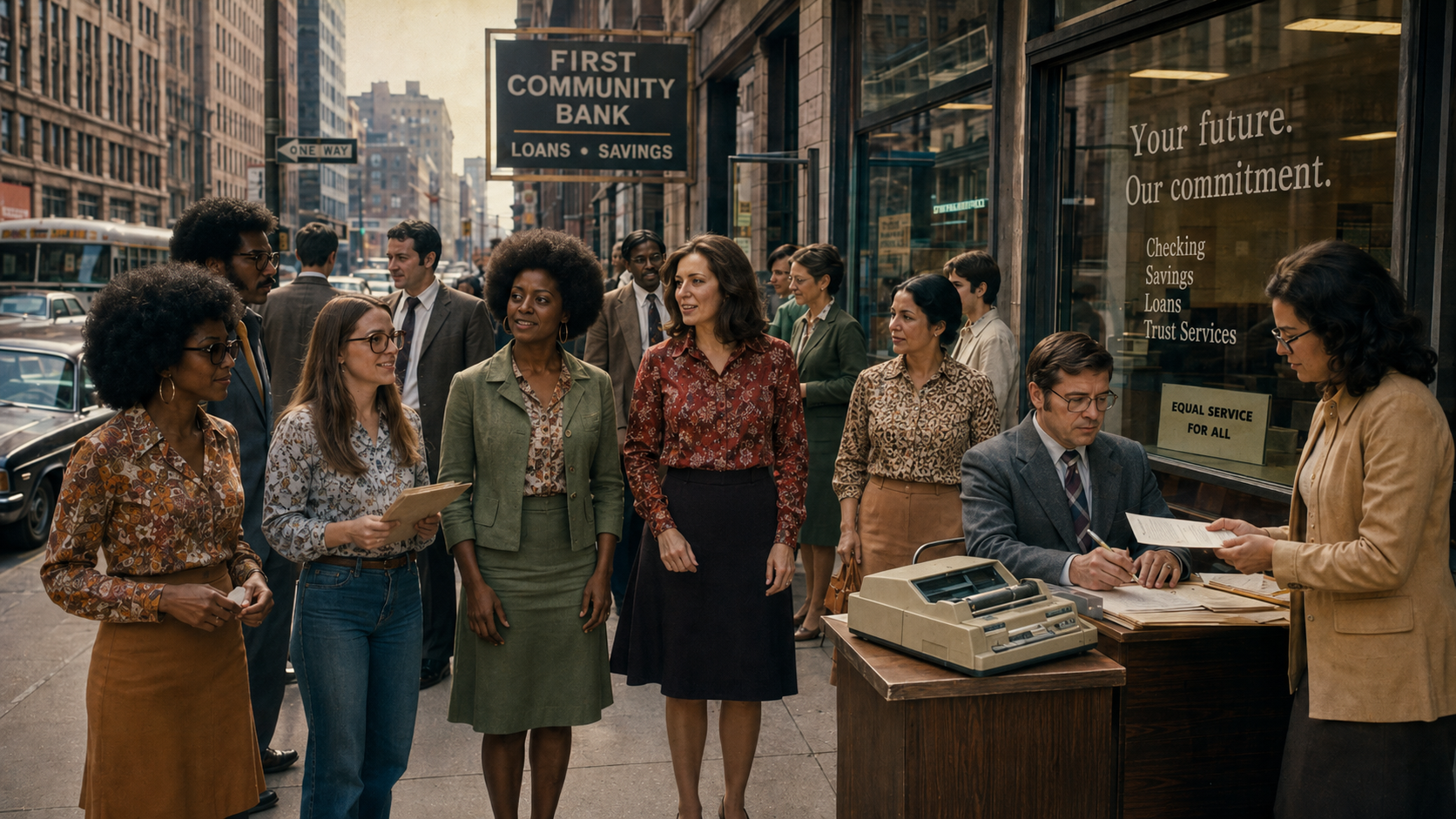 A diverse group of women and financial professionals outside a community bank in the 1970s.
