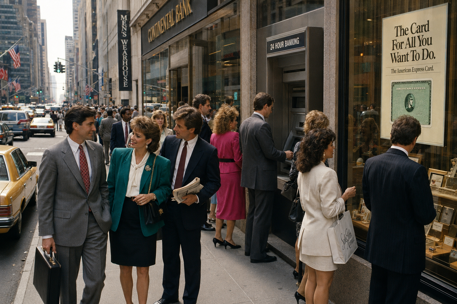 A busy 1980s financial district with banks, ATMs, shoppers and business professionals.