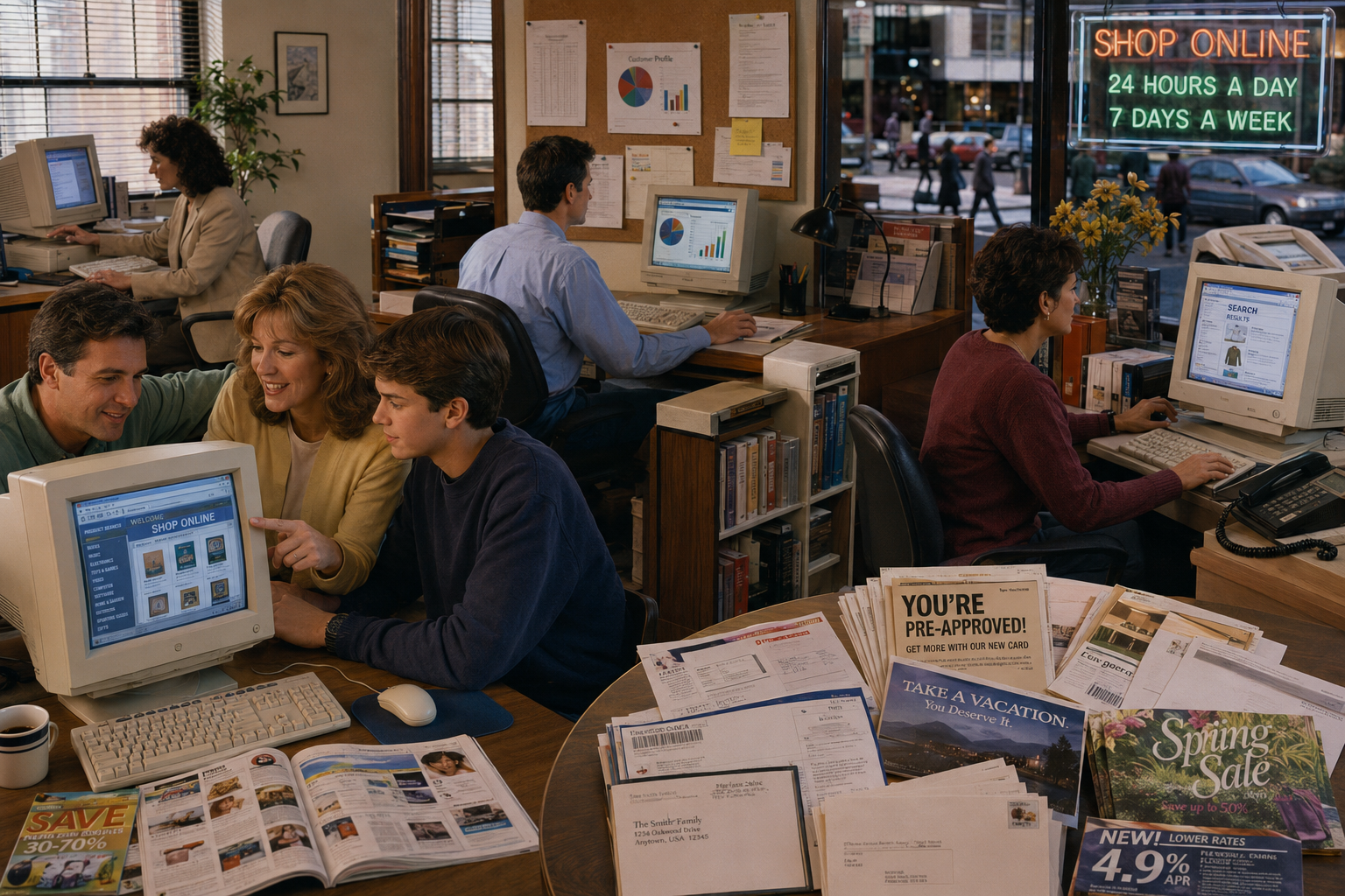 Consumers and office workers using personal computers and early online shopping services during the 1990s.