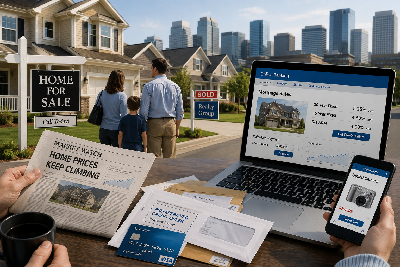 A family shopping for a suburban home while reviewing online mortgage rates and digital financial products.
