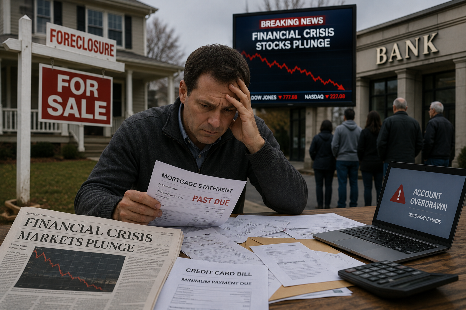 A homeowner facing foreclosure, overdue mortgage bills and falling financial markets during the 2008 crisis.