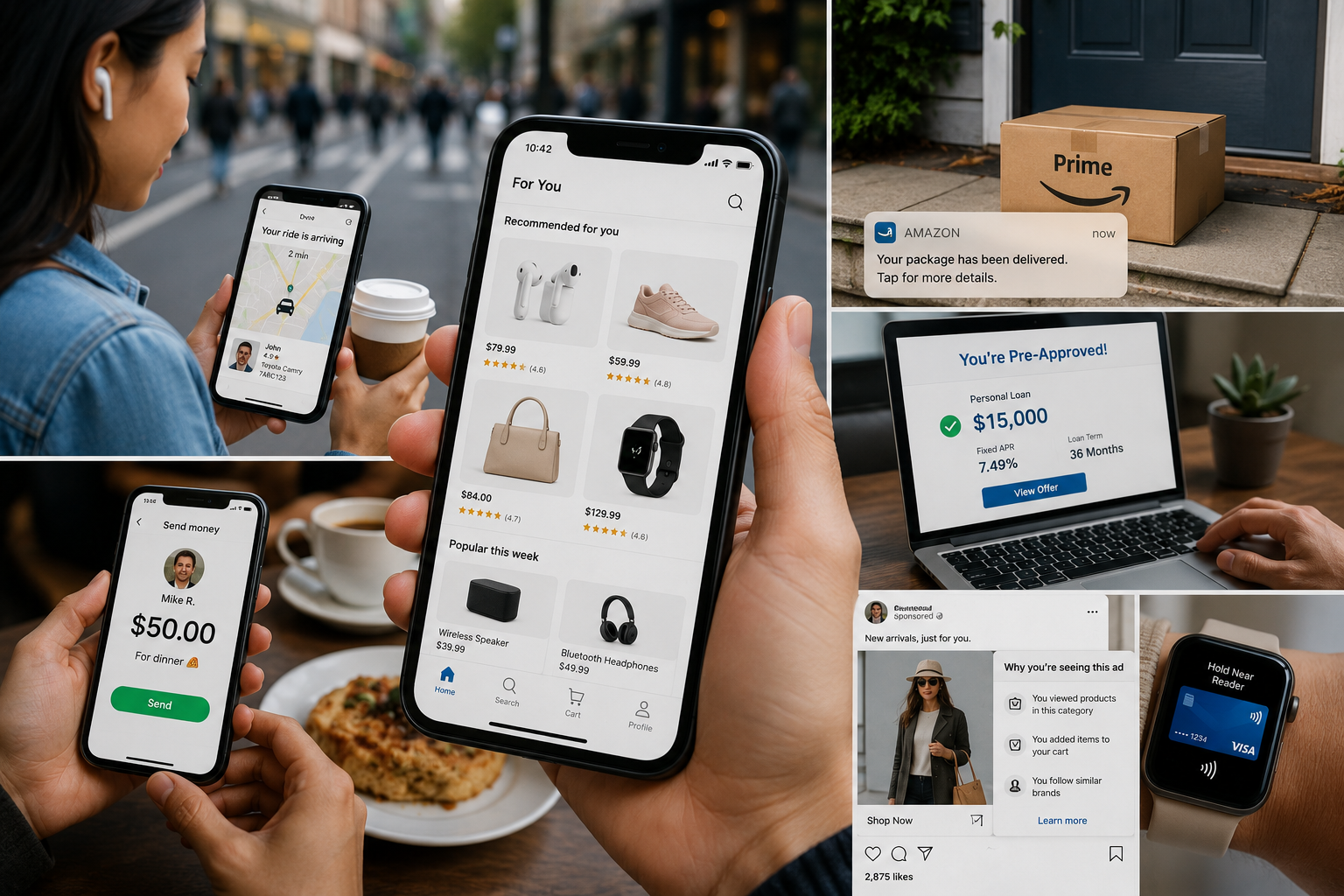 Consumers using smartphones for shopping, mobile payments, transportation, lending and package delivery.