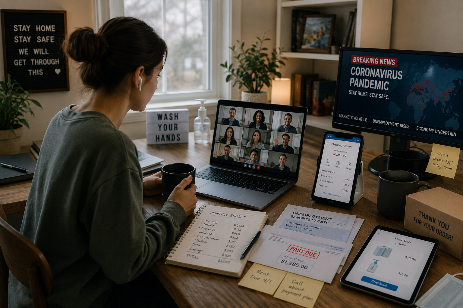 A home office during the COVID-19 pandemic with remote work, digital banking, online shopping and household bills.