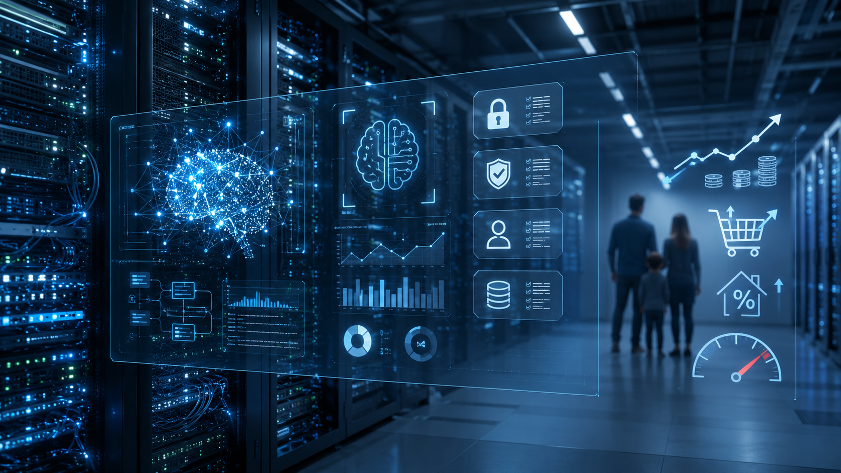 A modern data center illustrating artificial intelligence, data security, digital finance and consumer analytics.