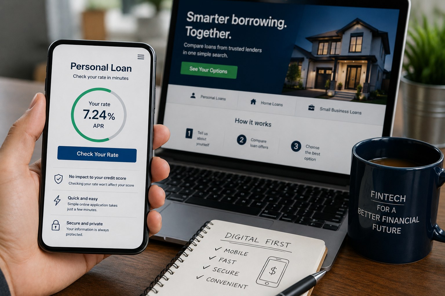 A mobile personal-loan application and online loan-comparison platform representing digital-first finance.