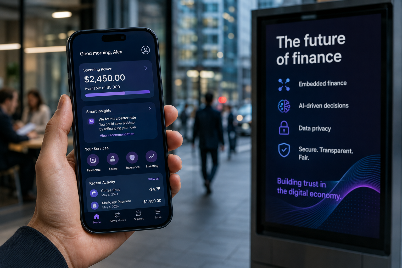 A modern workspace showing AI-assisted underwriting, embedded payments and algorithmic-fairness review.