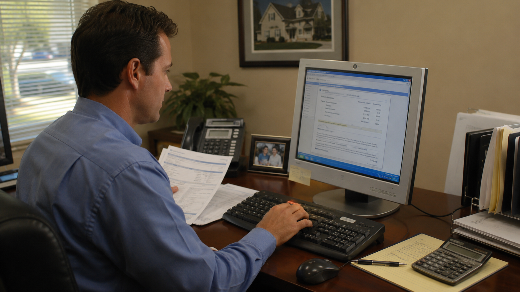 An early-2000s office worker completing an online lending application on a desktop computer.