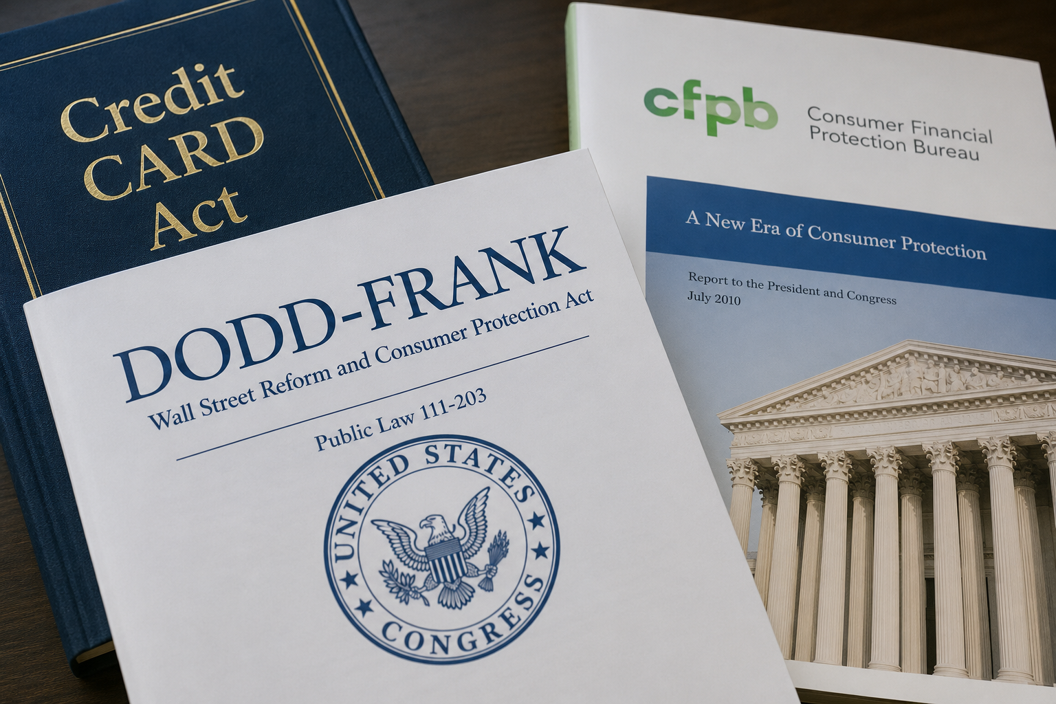 Printed materials representing the CARD Act, Dodd-Frank and the creation of the CFPB.