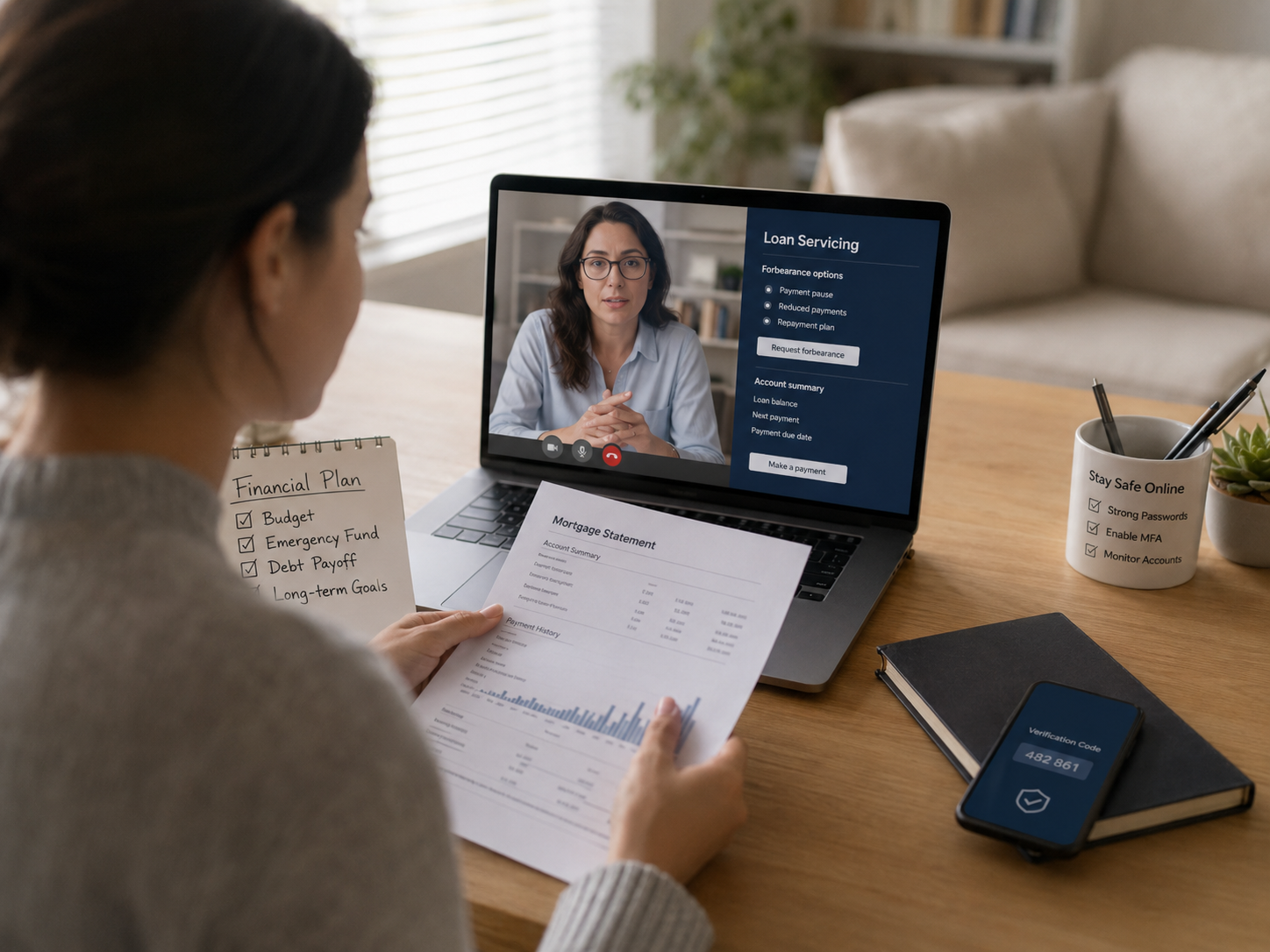A borrower reviewing mortgage forbearance options through a secure digital loan-servicing appointment.