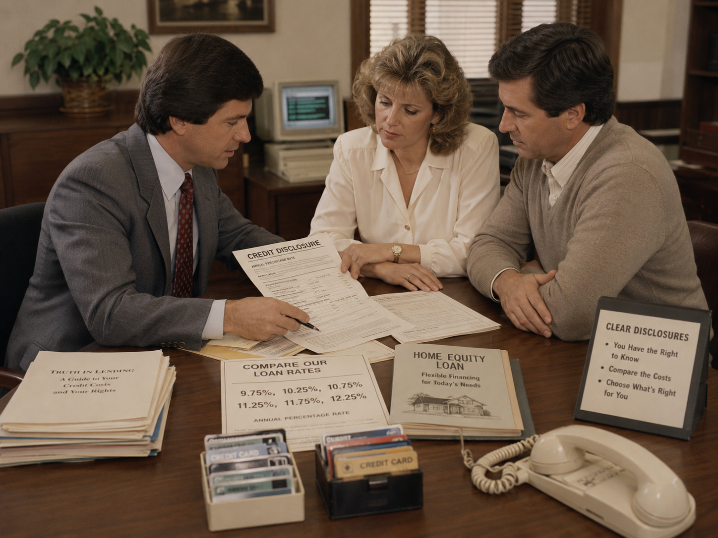 A financial professional explaining credit-card and home-equity disclosures to consumers.