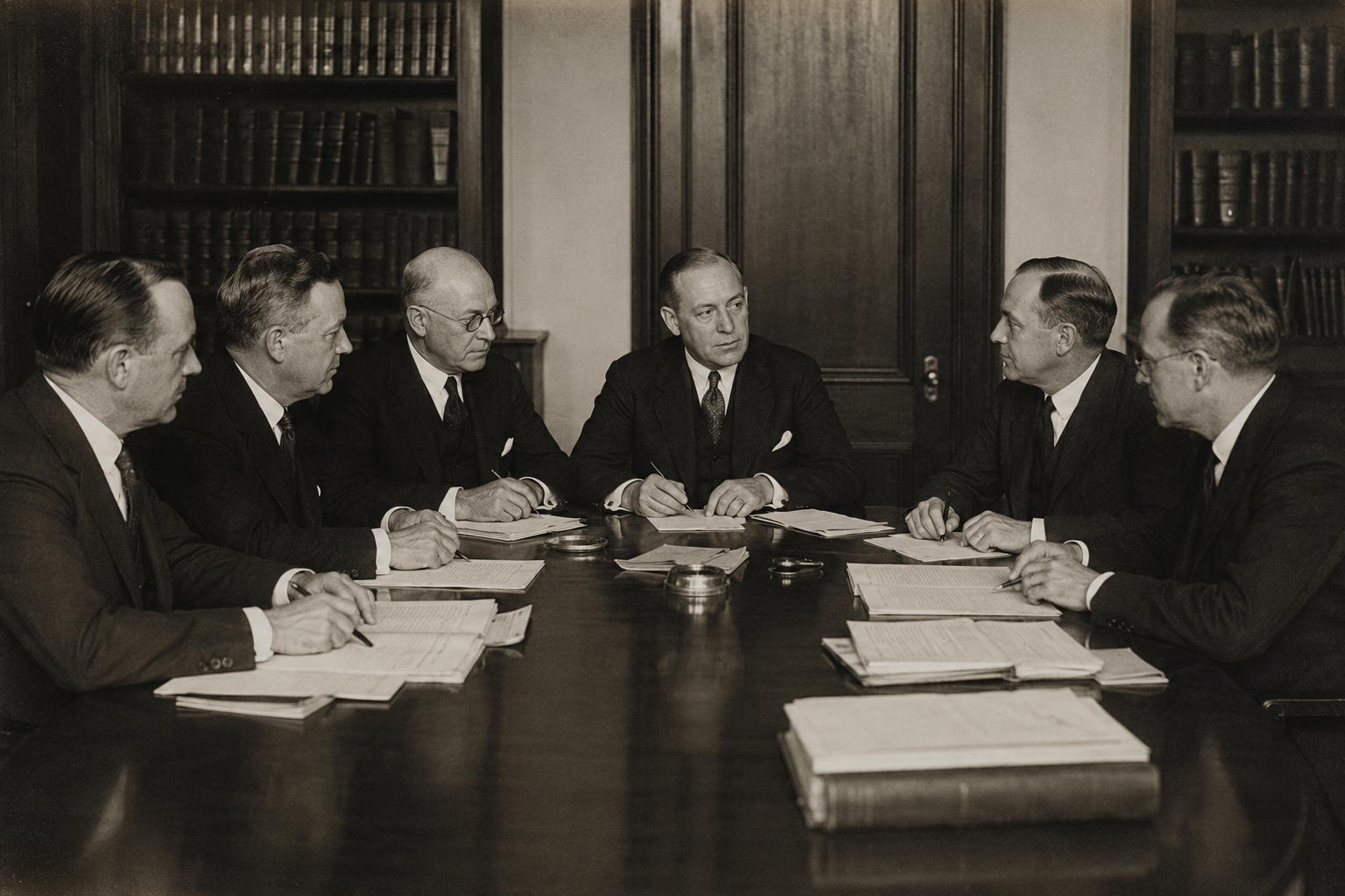 A formal 1920s meeting of legal and financial professionals.