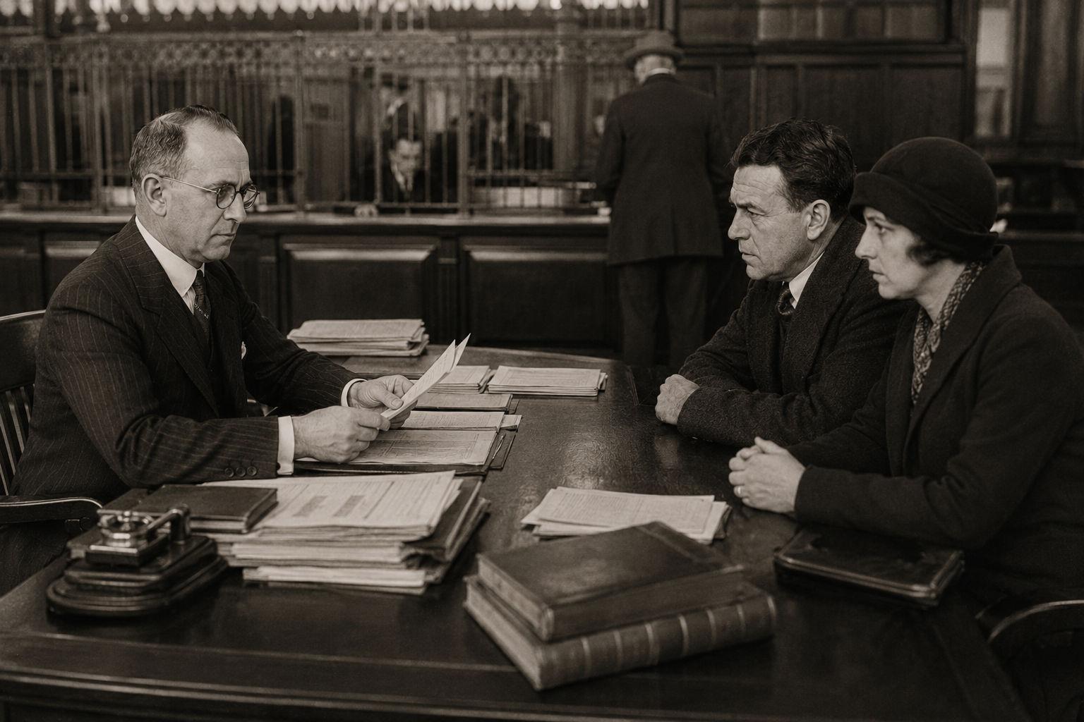 A bank officer discussing limited credit with a worried couple during the Great Depression.
