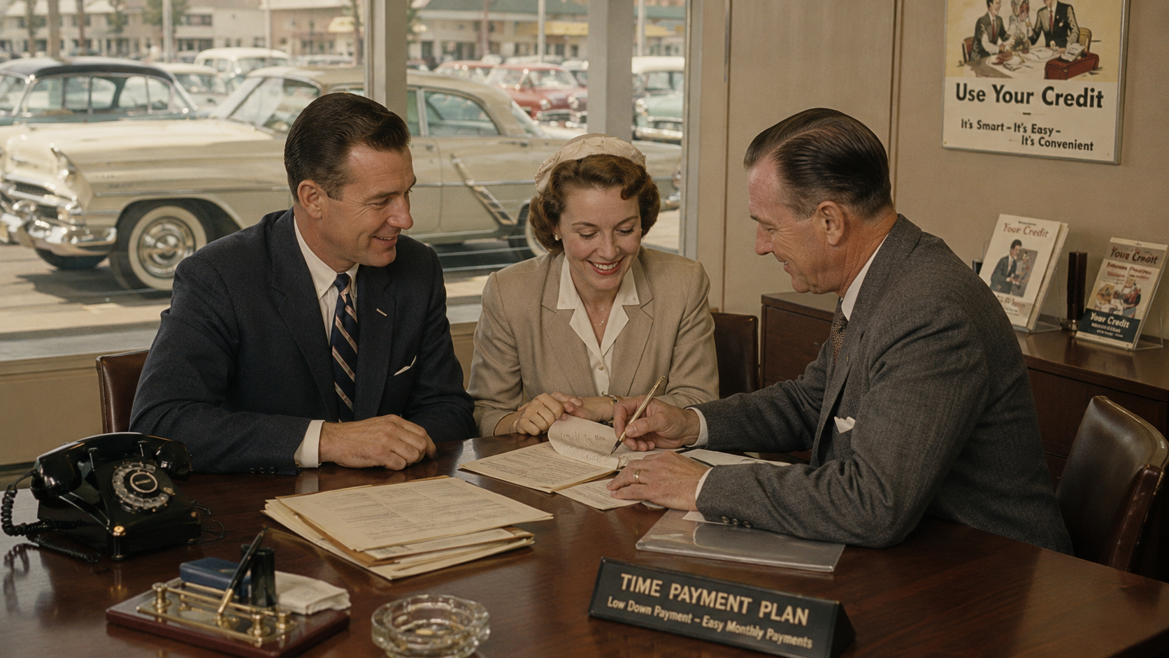 A postwar couple arranging automobile financing through an installment payment plan.