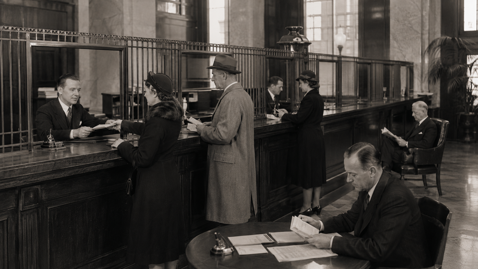Customers conducting routine transactions in a restored and stable bank.