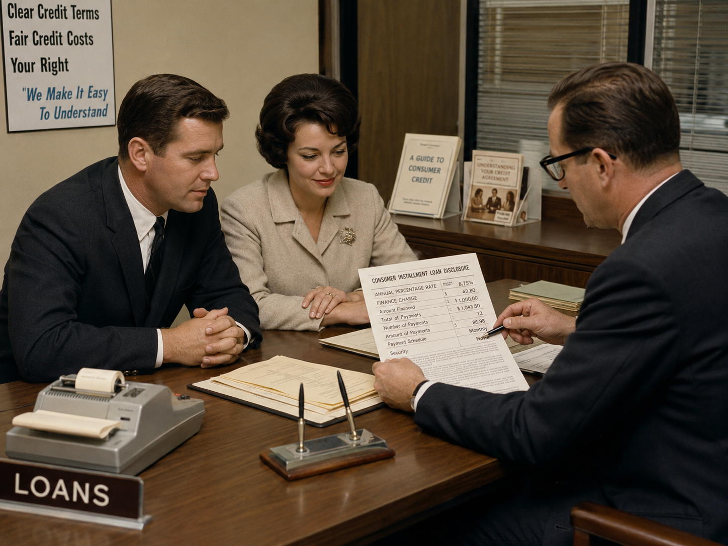 A lender explaining a standardized loan disclosure and annual percentage rate to consumers.